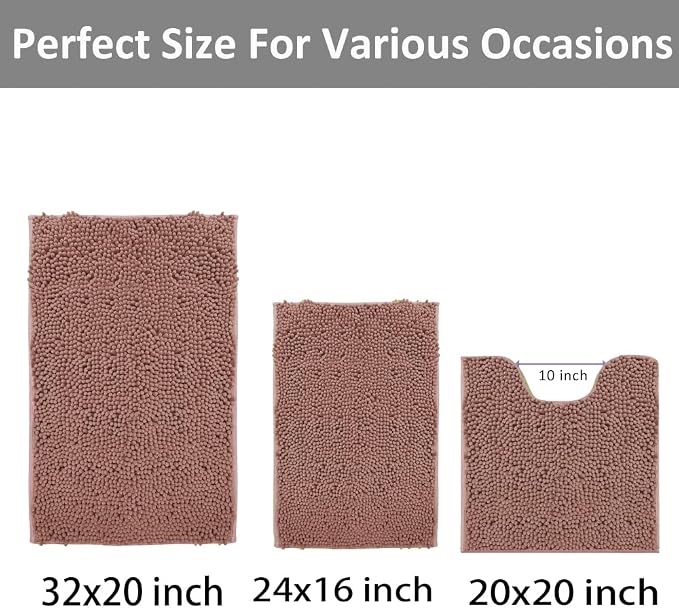 Chenille Bathroom Rugs Set 3 Piece Bath Mats for Bathoom Non-Slip Luxury Bathroom Rug Extra Soft and Absorbent Shaggy Rugs Washable Dry Plush Area Carpet