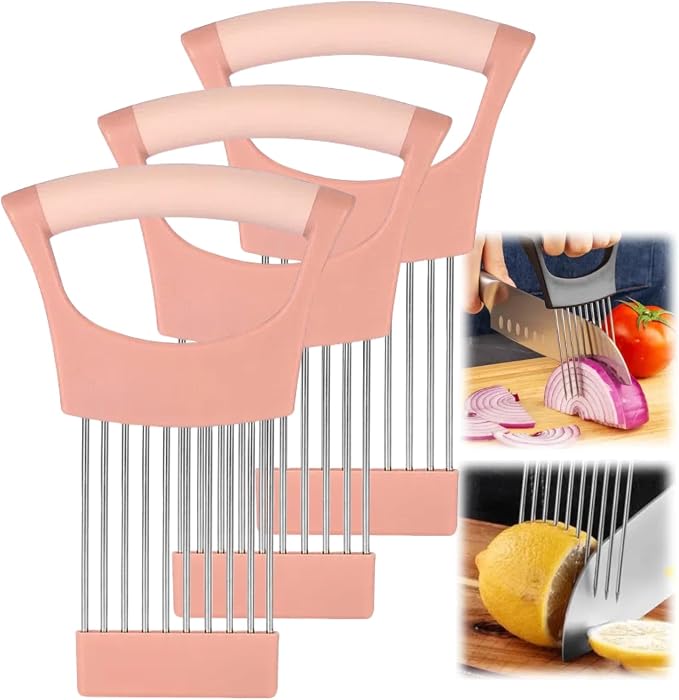 Onion Slice Holder, 2024 New Stainless Steel Holder for Slicing, Chopper Assistant Tool, Cutter for Meat, Onion, Potato, Tomato Kitchen Gadgets (Pink, 3 Pack)