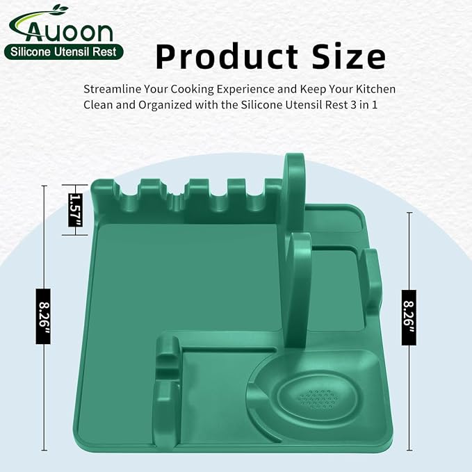 Auoon Silicone Spoon Rest with Lid Holder - 3 in 1 Kitchen Utensil Rest for Soup Ladles, Pot Lids, Spatulas, Spoons, Tongs, BPA Free & Dishwasher Safe, 8.26 x 8.06 Inch (Sea Blue, Large)