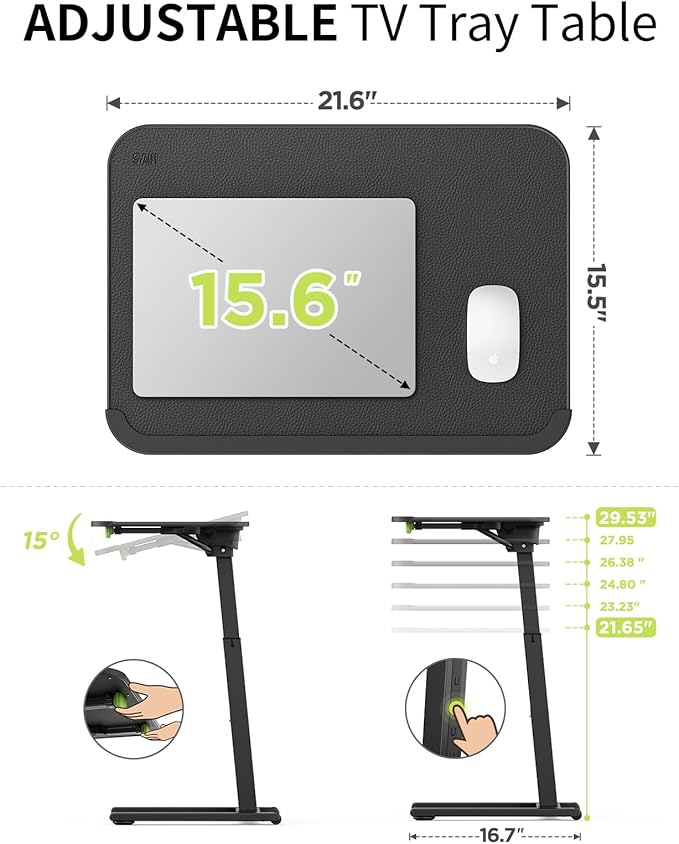 SAIJI Sturdy TV Tray Table with Wheels, Heavy Duty Metal TV Trays for Eating on Couch, Height & Angle Adjustable Desk for Bed, Sofa, Recliner, Portable Small Foldable Tables