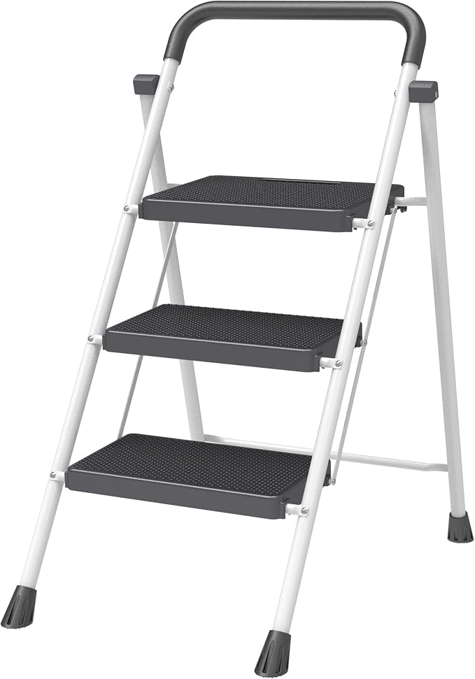 White 3 Step Stool Foldable – Heavy-Duty Foldable Step Stool for Adults, 500 lbs Capacity, Anti-Slip Feet & Wide Steps, Sturdy Steel Frame, Lightweight & Space-Saving Design for Home, Kitchen & Garage
