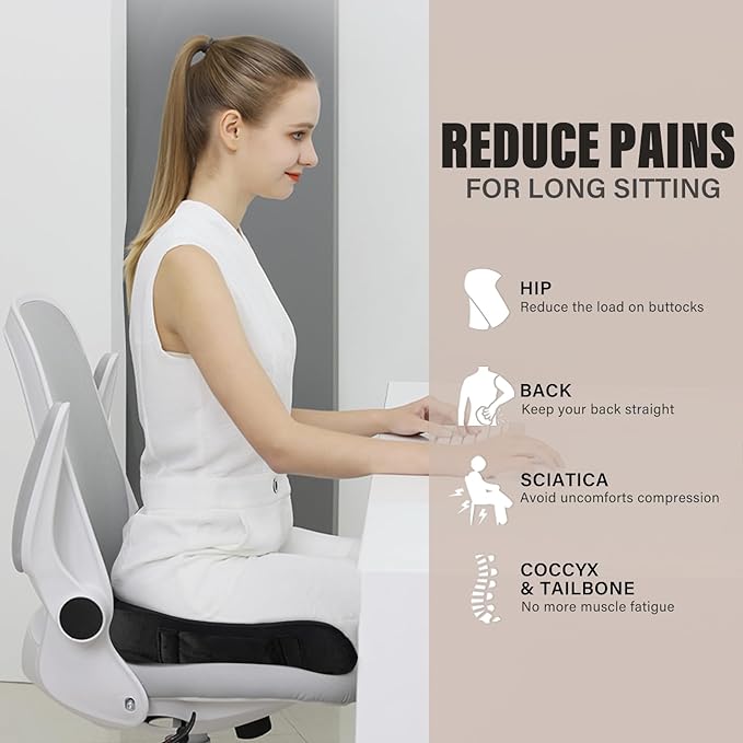 WAOAW Seat Cushion, Office Chair Cushions Butt Pillow for Car Long Sitting, Memory Foam Chair Pad for Back, Coccyx, Tailbone Pain Relief, Stocking Stuffers Gifts for Men Women (Black)
