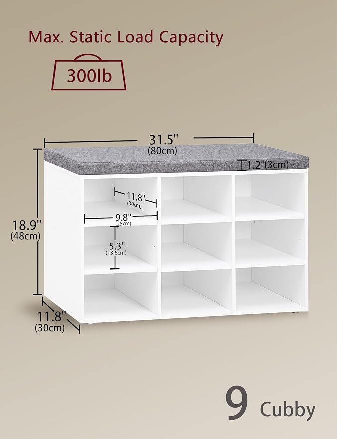 DINZI LVJ Shoe Storage Bench with Cushion, Cubby Shoe Rack with 9 Cubbies, Adjustable Shelves, Multifunctional Shoe Organizer Bench for Entryway, Mudroom, Hallway, Closet and Garage, White