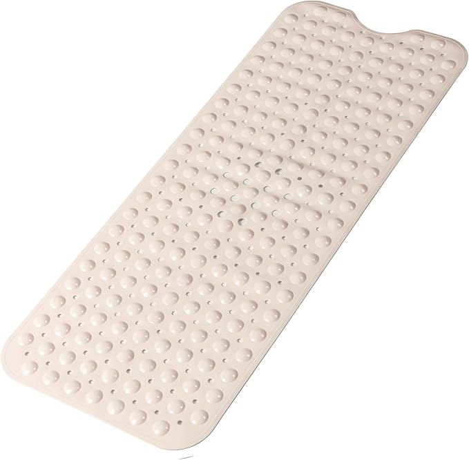 Bathtub and Shower Mats, Extra Long Non-Slip Bath Mat 39 x 16 Inch, Machine Washable Bath Tub Mat with Suction Cups & Drain Holes for Bathroom, Beige