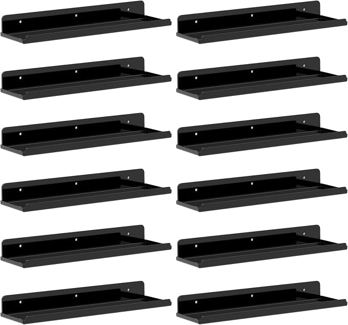 Lifewit Floating Shelves for Wall, Acrylic Display Shelf Wall Mounted for Figure, Car, Art, Book, 14" Perfume Organizer for Bathroom, Bedroom, Living Room, Nursery, Home Decor, Black, 12 Pack