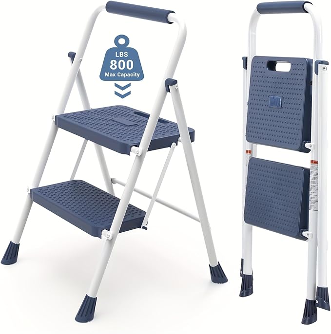 Simple Deluxe 2 Step Ladder, Portable Stool with Wide Non-Slip Pedal, Foldable Step Stool Lightweight for Home Kitchen and Outdoor, Blue