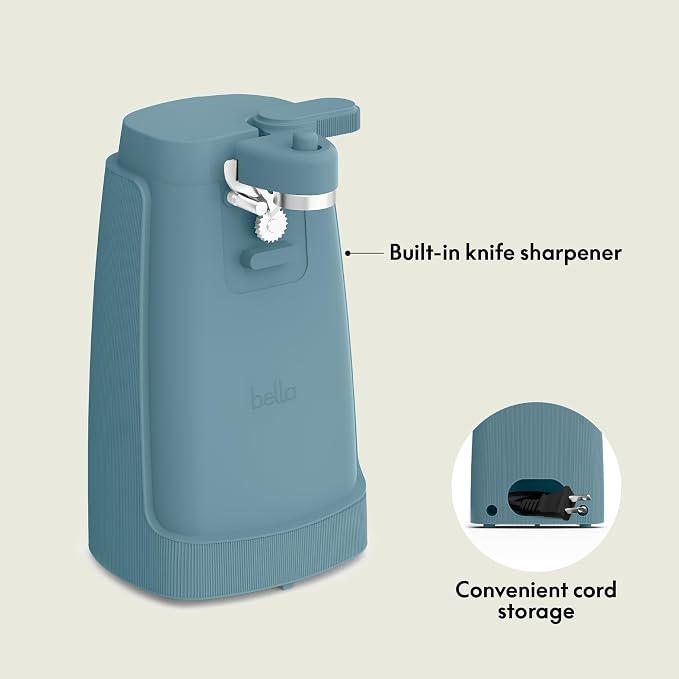 bella Electric Can Opener and Knife Sharpener, Removable Cutting Lever, Cord Storage, Stainless Steel Blade, Surf