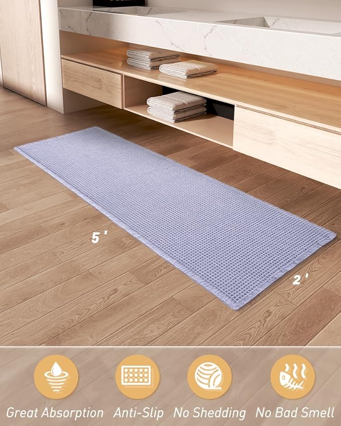 Upgraded Waffle Runner Rug Super Absorbent Non Slip Bath Mats for Bathroom Machine Washable Bathroom Runner Rug with Tassels, Ideal for Hallway Bedroom Laundry Room, 2' x 5' (24" x 60"), Purple