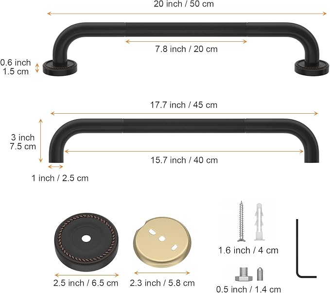 2 Pack 20 Inch Anti Slip Shower Grab Bar Oil Rubbed Black Bronze, ZUEXT Antique Brass Bathroom Grab Bar, Knurled Bath Balance Bar, Safety Handrail Support, Handicap Elderly Senior Assist Bath Handle