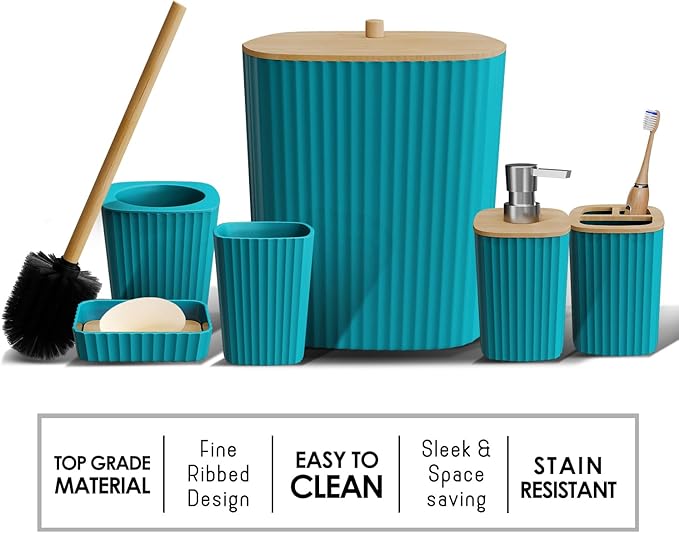 Clara Clark Bathroom Set - Teal Bathroom Accessories Set, 6PC Bathroom Accessory Set, Bathroom Sets with Bathroom Rugs, Adhesive Corner Shower Caddy Hanging, Toilet Brush, Trash Can & Soap Dispenser