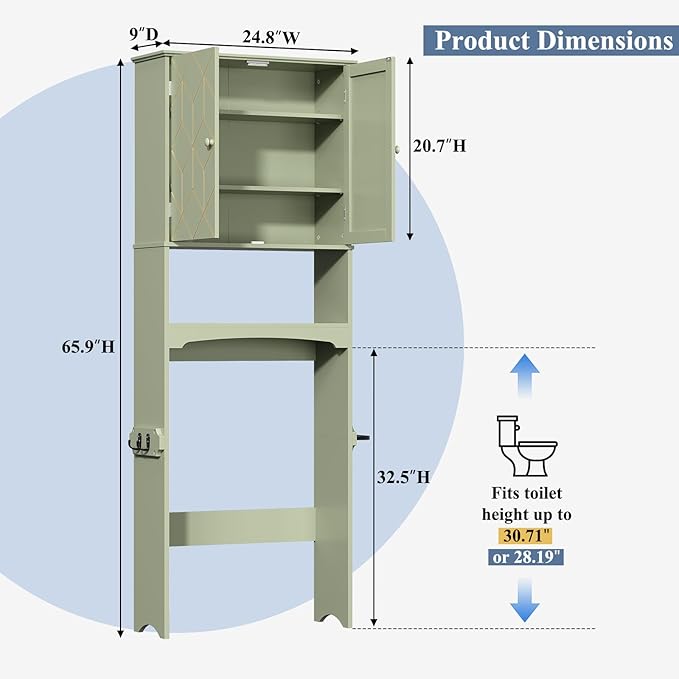 Gold Trim Over The Toilet Storage Cabinet, Double Doors Over Toilet Bathroom Organizer with Adjustable Shelves and Toilet Paper Holder, Modern Over Toilet Storage Cabinet for Bathroom (Green)