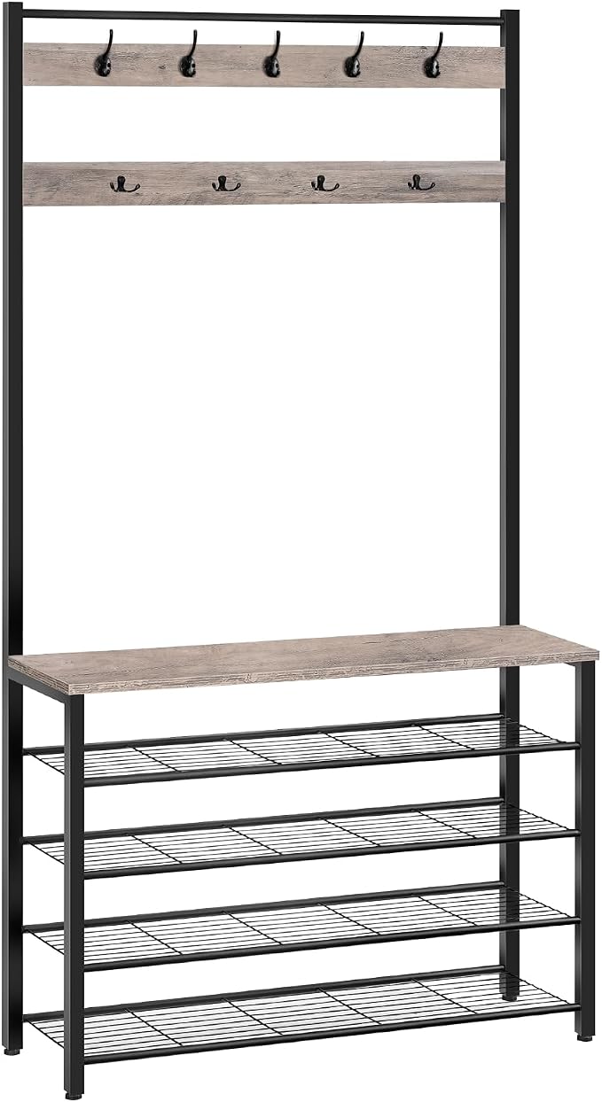 HOOBRO Hall Tree, Coat Rack with Shoe Rack, 39.4" Hall Tree with Bench, 5 Tier Shoe Storage Organizer with 9 Hooks for Entryway, Closet, Sturdy, Industrial, Greige and Black BG801MT01