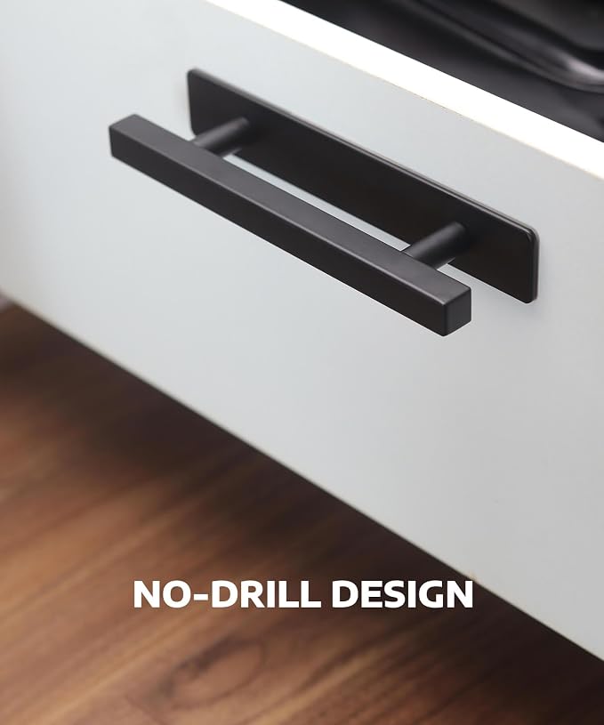 RVPEKUPE 2 Pack Self Adhesive Cabinet Handles Matte Black No Drill Drawer Pulls Stick On Handle for Cabinets Closets Sliding Shower Doors, 6" Overall Length