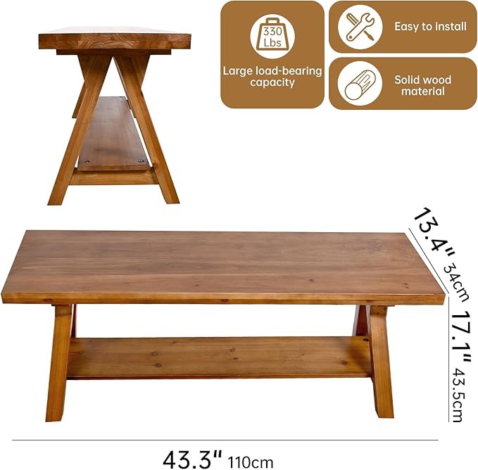 SwallowLiving 43 Inch Farmhouse Storage Bench, Rustic Solid Wood Entryway Bench for Living Room, Dining Room, Hallway | Indoor Seating with Natural Wood Finish