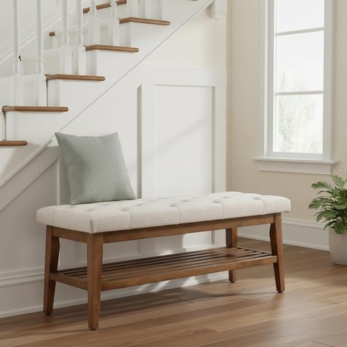 HUIMO Entryway Shoe Bench, End of Bed Bench,Upholstered Button-Tufted Bench for Kitchen, Fabric Ottoman Bench for Living Room, Padded Bench with Solid Wood Shelf Beige