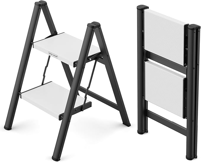 WOA WOA 2 Step Ladder, Folding Step Stool with Wide Non-Slip Aluminum Pedals, Stable and Portable, 330 lbs Capacity, for Home, Kitchen, Office - Black & White