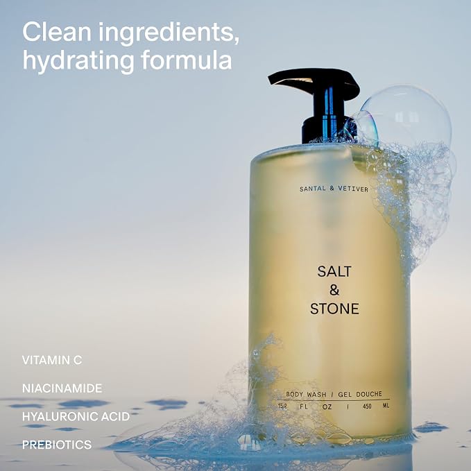 Salt & Stone Body Wash with Antioxidants for Deep Moisture | For Women & Men, Sulfate, Paraben, & Dye Free, Leaving Skin Soft and Hydrated | Santal & Vetiver Refill 32 fl oz