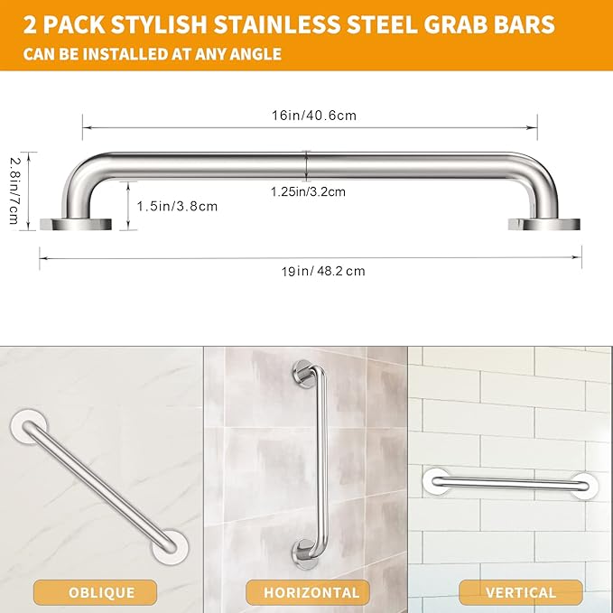 16 Inch Shower Grab Bar 2 Pack Polished Chrome SUS 304 Safety Grab Bars with Concealed Screws, 500lbs Support Assist Bath Handle Balance Bar for Handicap Elderly Pregnant Women for Gifts