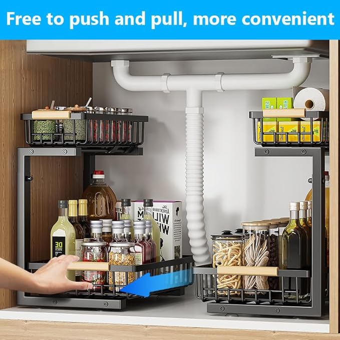 Merrylun Under Sink Organizers, 5 Adjustable Height,Metal Pull Out Under Sink Organizers and Storage Shelves with Sliding Drawer, Black 1pack（Hight 13.6″-16.9″）