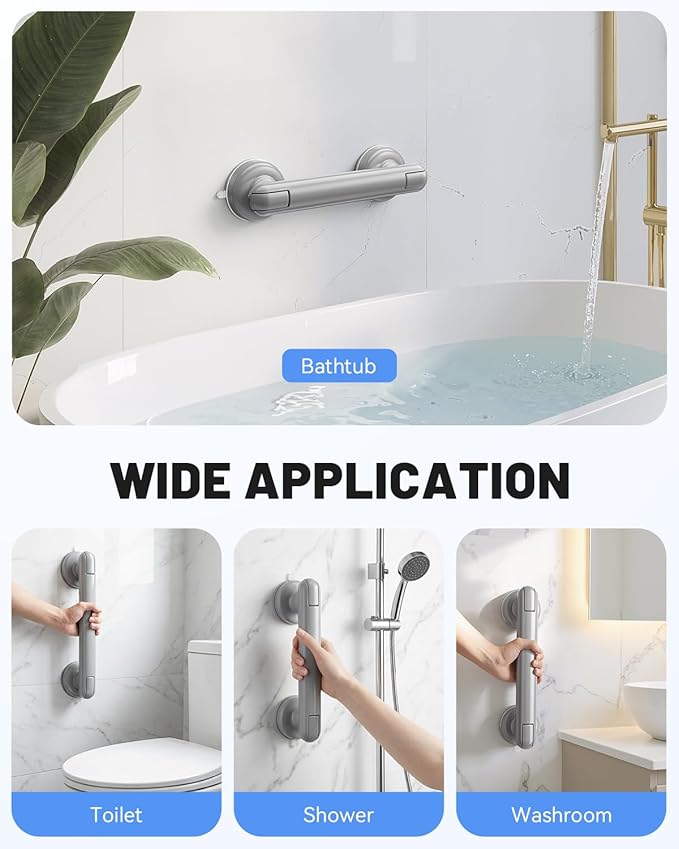 JOTPE 2 Pack Suction Cup Grab Bars for Shower, Heavy Duty Shower Handle for Bathroom Safety, Tool-Free Removable Bathtub Grab Bar for Elderly Balance Support, Grey