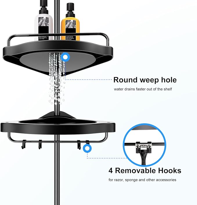 HAMITOR Corner Shower Caddy Tension Pole: Adjustable Stainless Steel Shower Organizer 4 Tier Shelf for Bathroom Bathtub Shampoo - Floor Standing Rack Bath Storage Holder with Rust Proof Rods - Black
