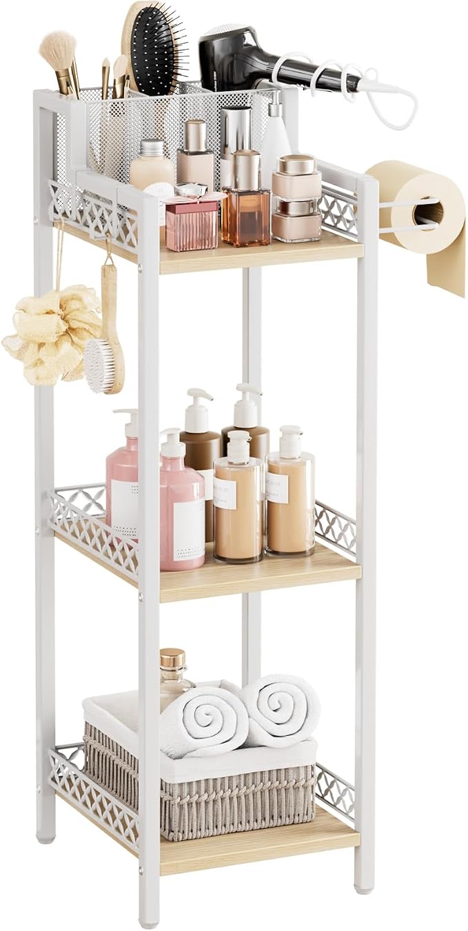 Slim Bathroom Storage Shelf Unit, 3 Tier Corner Storage, Rustic Makeup Organizer, Space-Saving Floor Standing Storage Shelves for Bathroom, Vanity,Kitchen, Laundry 9.85in Matte White