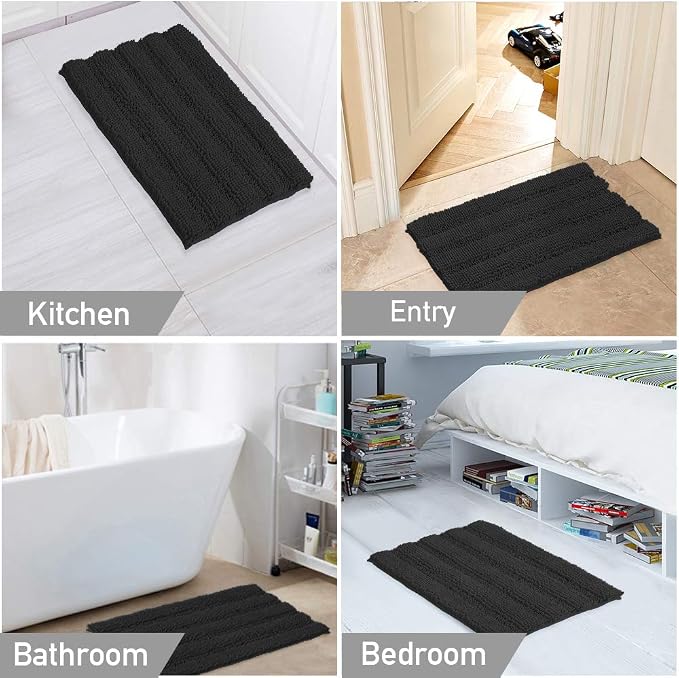 Turquoize Chenille Bathroom Rugs Set Non-Slip Bath Mats for Bathroom Super Absorbent Shaggy Rugs for Tub Toilet Plush Bath Rug Plus U Shaped Contour Rug (Standard: 20" x 32" and 20" x 20" U), Black