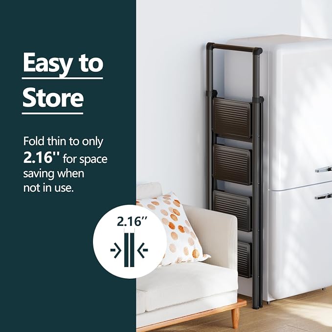 WOA WOA Step Ladder for Home, Foldable Step Stool for Kitchen with Non-Slip Pedals, Sturdy Ladders Supports up to 330 lbs, Compact and Portable - 4 Step with Handle/Black