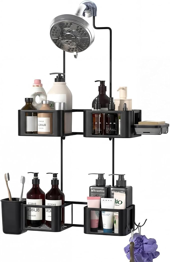 Epicano Shower Caddy for Handheld Showerheads,Black,Stainless Steel | Removable Hooks,Soap Holder & Toothbrush Holder, Rustproof, Anti-Swing, Holds Razor, Sponge, Soap, Toothbrush