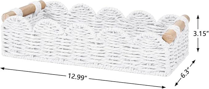 CubesLand Toilet Paper Storage Basket Organizer, Small Wicker Toilet Tank Top Decorative Baskets for Countertop, Handwoven Scalloped Basket w/handle for Home Decor, Living Room, Bedroom, White