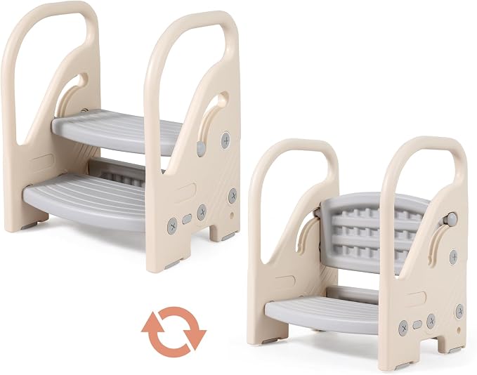 Costzon Toddler Step Stool for Bathroom Sink, Adjustable 2-Step Kids Helper Stool with Safety Handles & Non-Slip Pads, Convertible Plastic Ladder for Bedroom Kitchen Counter Potty Training, Grey