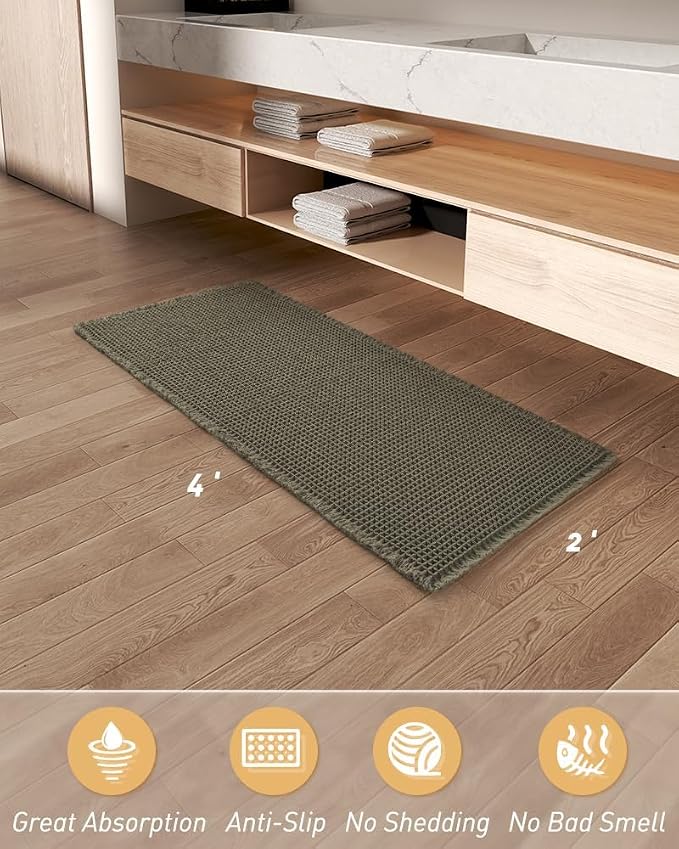 AMOAMI Upgraded Waffle Runner Rug, Super Absorbent Non Slip Bath Mats for Bathroom Floor, Washable Bathroom Runner Rug with Tassels, Ideal for Hallway Bedroom Laundry Room, Green, 2'x 4'(24" x 48")