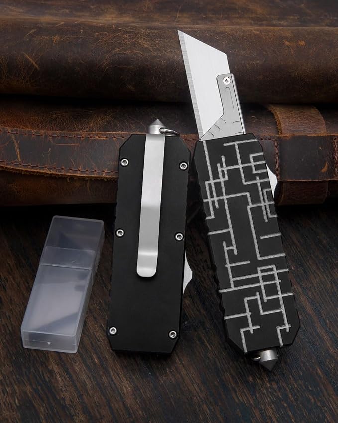 A37 Auto Retractable Box Cutters Utility Knife, Heavy Duty Cardboard Cutter EDC Pocket Knives, 10pcs Replaceable Blade with Pocket Clip, Glass Breaker (Black)