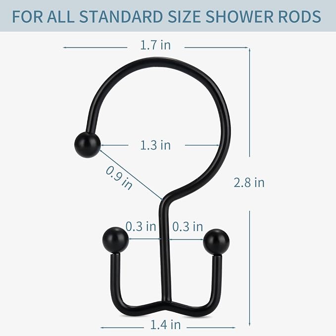 24 Pcs Shower Curtain Hooks, Goowin Shower Curtain Rings, Durable Black Shower Curtain Hooks Rust Proof, Shower Rings for Curtain, Double Glide Shower Hooks for Shower Curtain Rods, Black
