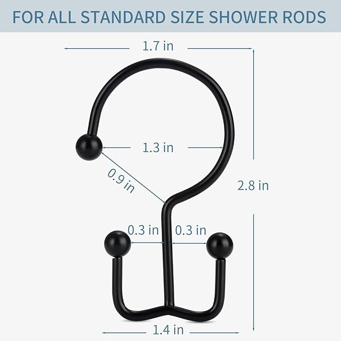 Goowin Shower Curtain Hooks, 12 Pcs Shower Curtain Rings, Durable Rust Proof Black Shower Curtain Hooks, Shower Rings for Curtain, Double Glide Shower Hooks for Shower Curtain Rods, Black
