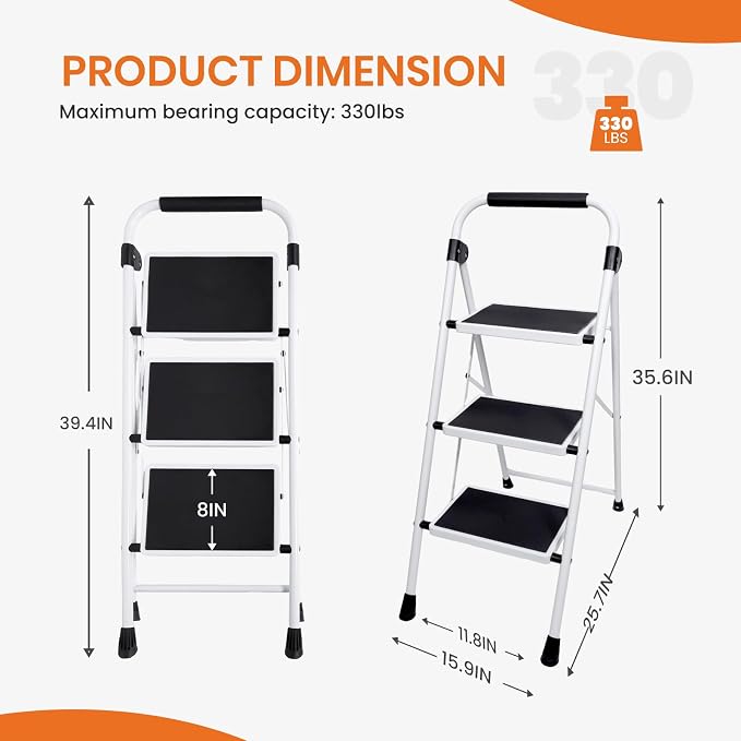 Sweetcrispy 3 Step Ladder, 330lbs Folding Step Stool with Wide Anti-Slip Pedal, Sturdy Ladder, Convenient Handrail, Lightweight, Portable Step Stool Black