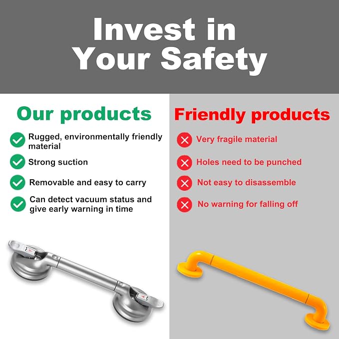 Heavy Duty Suction Shower Grab Bar - Toilet Bathroom Bathtub Safety - Shower Handles, Suction Cup Power Up to 250 LB, Perfect for Elderly Seniors(17 Inch, Gray Silver), Gray Silver