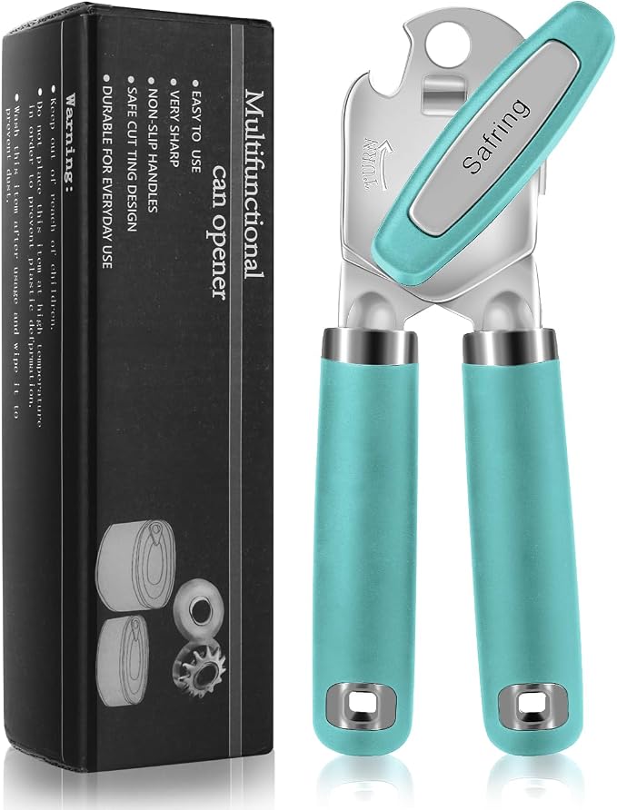 Safring Can Opener Manual, Heavy Duty Handheld Strong Can Opener with Soft Touch Handle, Sharp Blade Smooth Edge, Can Openers with Multifunctional Bottle Opener, Aqua Sky