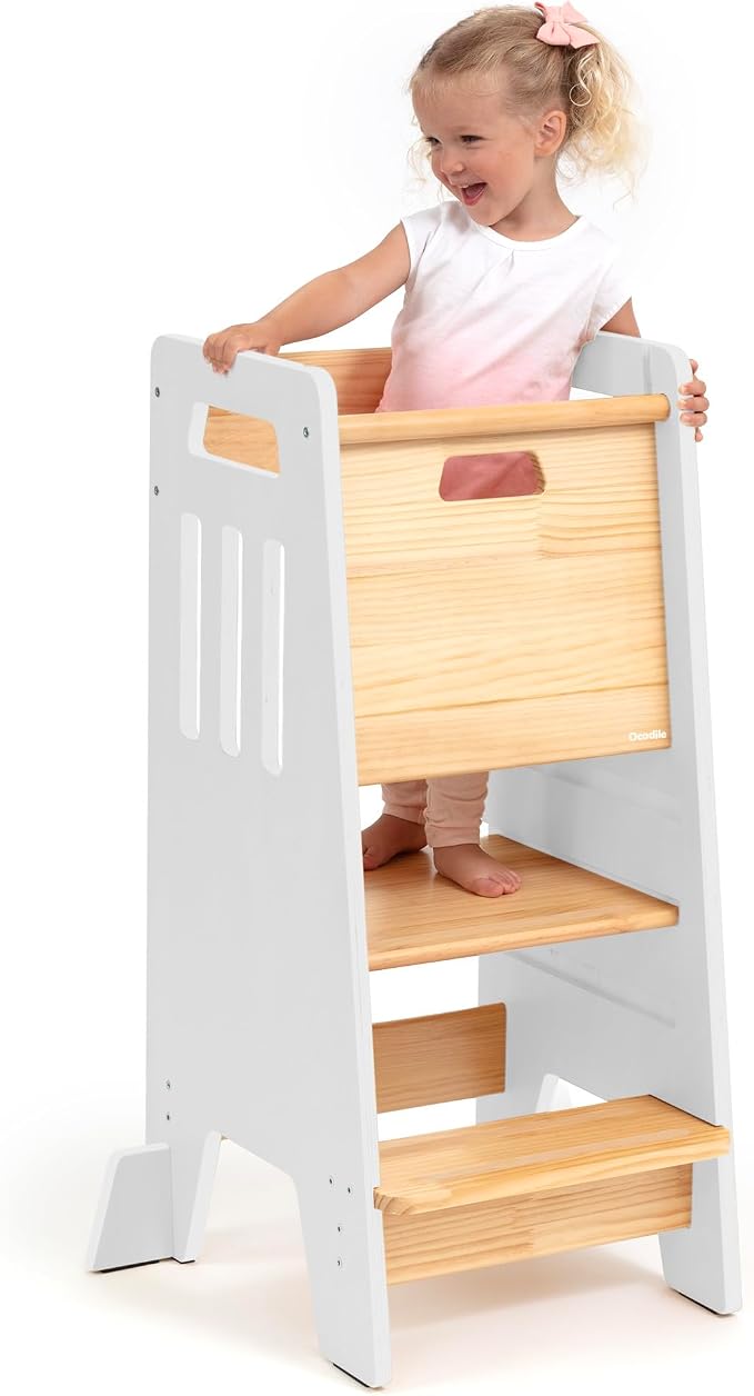 OCODILE Toddler Tower with a Sliding Door and 3 Adjustable Heights - Safe Toddler Kitchen Step Helper with Support Feet - Updated Design for 18+ Months to 6-Year-Old Kids - White
