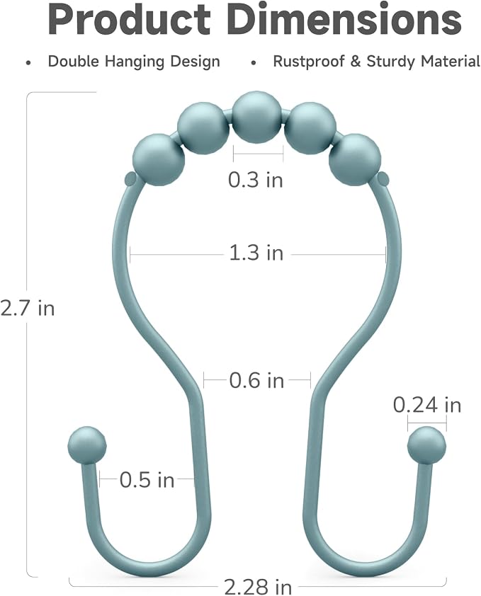 Bathway Shower Curtain Hooks, Shower Curtain Rings Rust Proof Double Hook Shower Curtain Hooks, 12 Pcs Shower Hooks for Shower Curtain, Shower Rings for Curtain, Metal Shower Rod Hooks Lightcyan