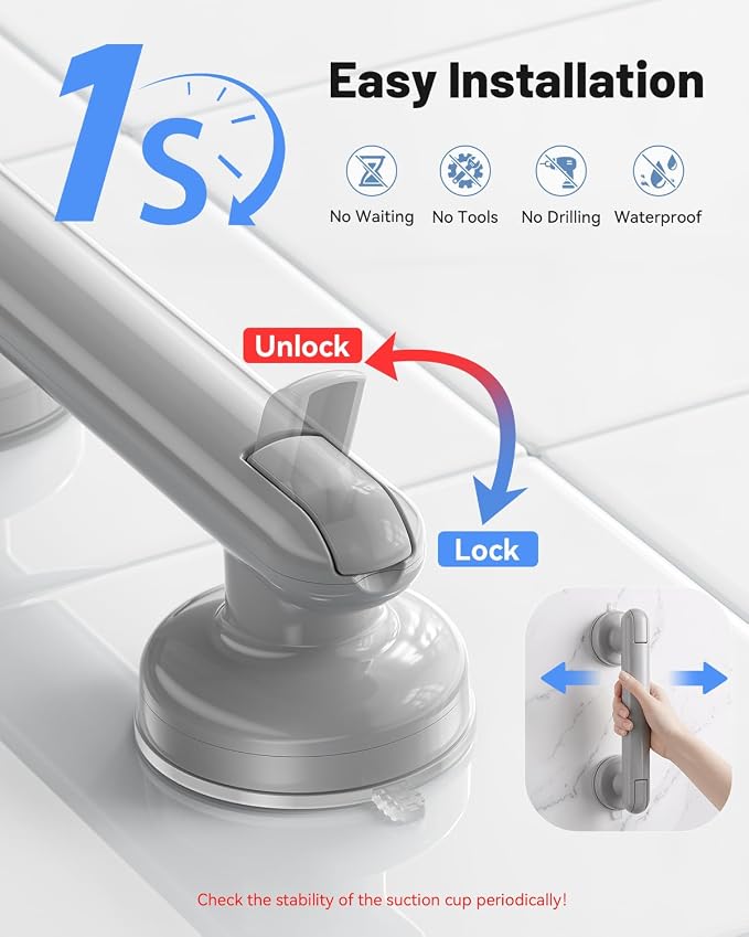 JOTPE 2 Pack Suction Cup Grab Bars for Shower, Heavy Duty Shower Handle for Bathroom Safety, Tool-Free Removable Bathtub Grab Bar for Elderly Balance Support, Grey