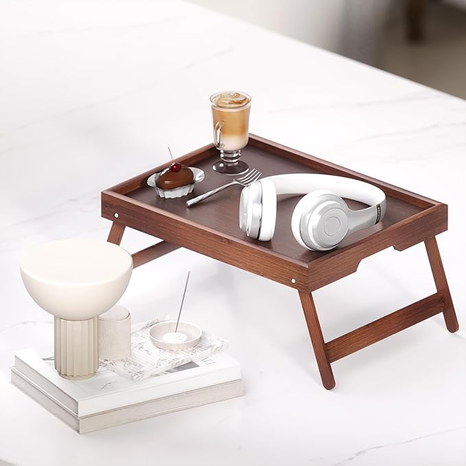 Fibogollo 2 Pack Bamboo Bed Tray Table with Folding Legs,Breakfast Trays,Serving Tray for Food and Snack,Laptop Trays for Working(Brown)