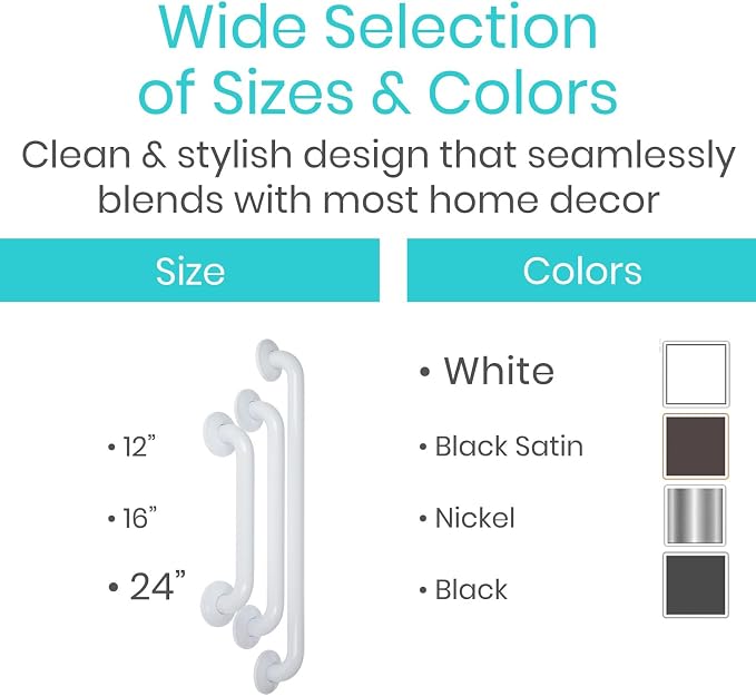 Vive Grab Bar for Showers - Bathroom Antislip Handrail for Seniors, Elderly Assistance Product, Heavy Duty Shower Handles, Handicap Grab Bars, Stainless Steel, Multipurpose, 440 lbs (White)