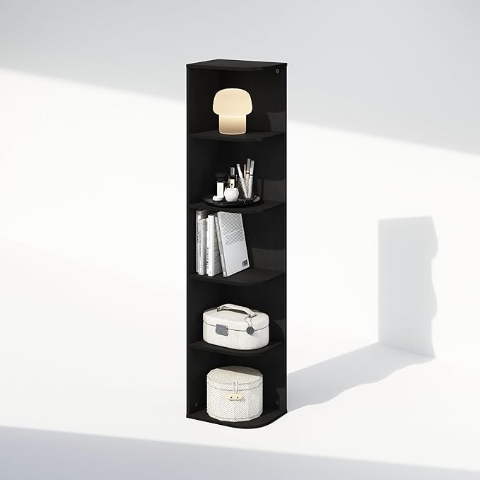 Furinno Reed Corner Shelf, 5-Tier Corner Bookshelf, Book Shelf, Corner Shelves, Storage Rack, for Organization and Storage, Home Office, Living Room, Blackwood
