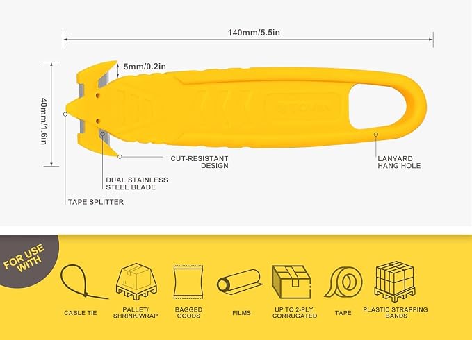 500 Pcs Safety Box Cutter T TOVIA Safety Utility Cutter of Stainless Steel Blade Package Opener with Tape Splitter for Cartons, Cardboard, Wrap, Straps, Film