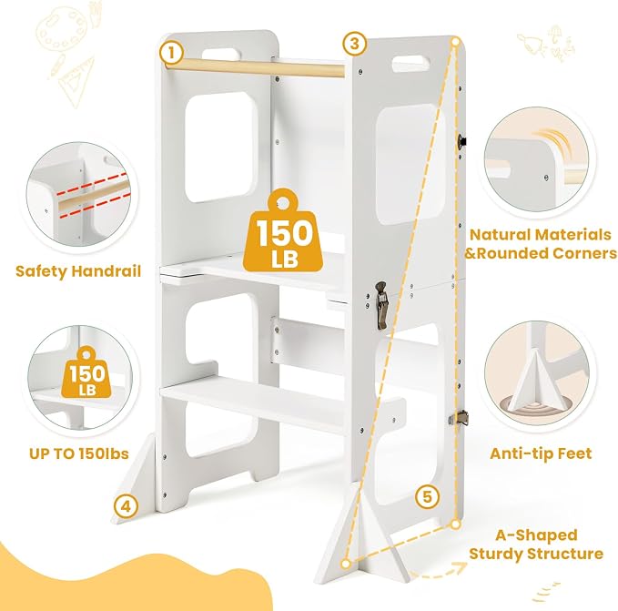 labebe Toddler Standing Tower for 12M+, Montessori Foldable Learning Standing Tower with Blackboard, Anti-tip Structure Design,Wooden Kitchen Step Helper Stool for 1-3 Year Old Boy Girl Gift (White)