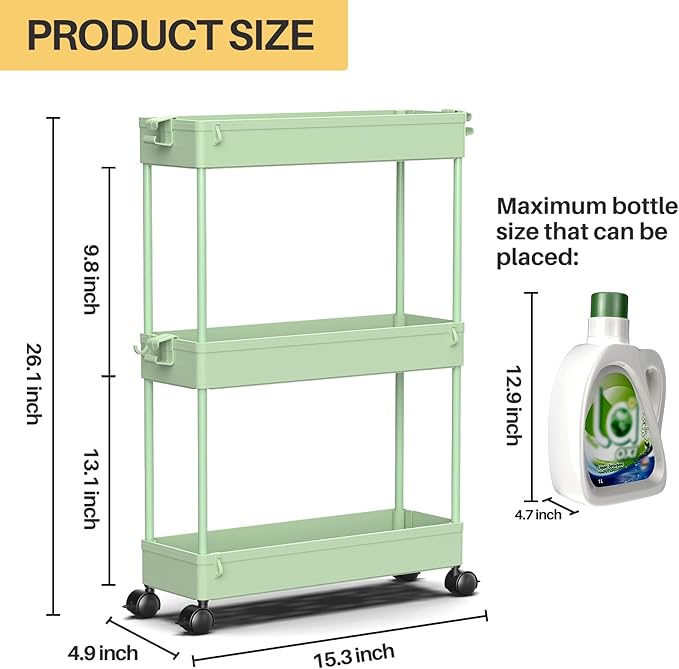 SPACEKEEPER Slim Rolling Storage Cart, 3 Tier Bathroom Organizer Utility Cart Laundry Room Organization Mobile Shelving Unit for Kitchen, Bathroom, Office, Bedroom, Narrow Places, Green
