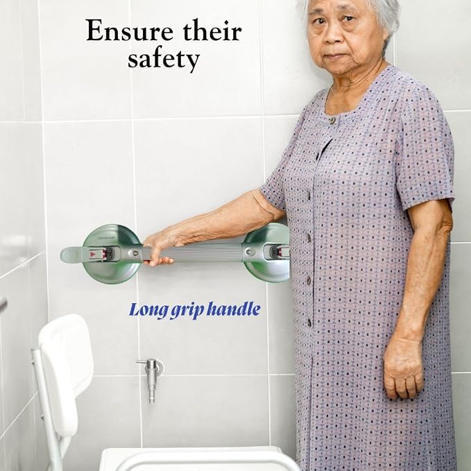 Heavy Duty Grab Bar with Large Suction Cups for Shower and Bathtub, Easy Tools-Free Installation & Removal, Safety with Compression Loss Warning, Useable on Diffrent Surfaces (Silver, 19 Inches)