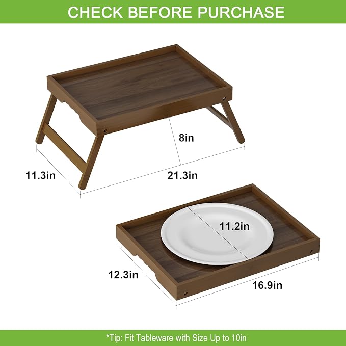 Artmeer Bed Tray Table with Folding Legs,Bamboo Breakfast in Bed for TV Table, Laptop Computer Tray,Eating,Snack Tray (Walnut Large)