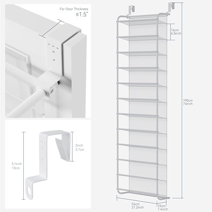 Whitmor 36 Pair Over The Door Shoe Organizer, 12 Tier Hanging Shoe Organizer, Heavy Duty Metal & Mesh Shoe Holder, Hanging Shoe Rack for Closet Organizer & Storage, 74"L x 21.7"W x 7.5"H, Matt White
